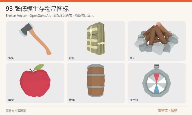 93 张低模生存物品图标：93 张 800×800 透明 PNG，以低模渲染风格呈现斧头、背包、营火、食物、工具、容器及小型建筑等物件。
