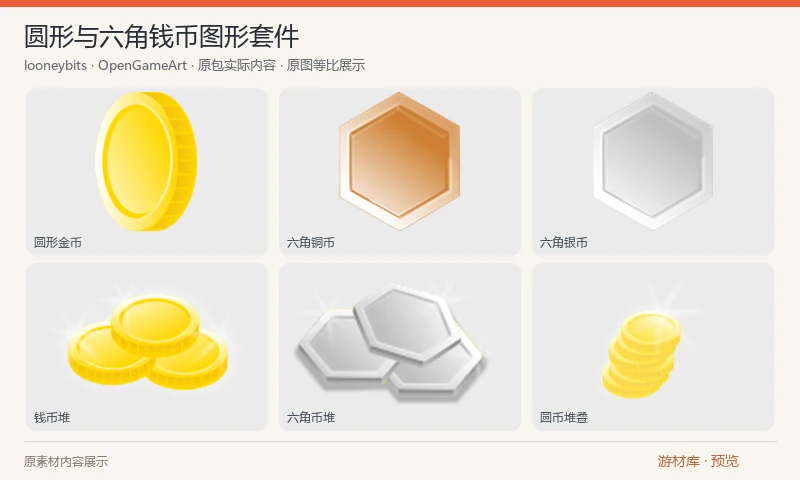 圆形与六角钱币图形套件：圆形和六角形钱币、单枚与堆叠形态的 22 张 PNG，并含一份 SVG 源图；金、银、铜色与角度变化属于同一套钱币。