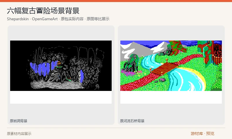 六幅复古冒险场景背景：六幅像素冒险背景，主题包括岩洞、草地、树林与河流石桥；每幅含 320×200 和二倍放大的 640×400 版本，共 12 张 PNG。