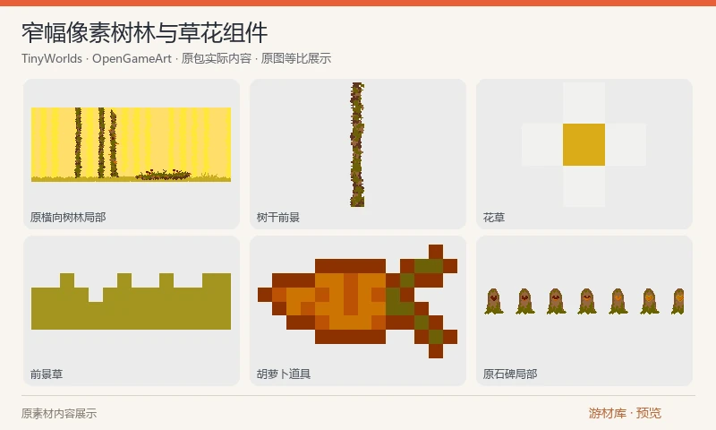 窄幅像素树林与草花组件：28 张 PNG 包含横向树林背景、远近树干、前景草丛、花草、胡萝卜及石碑图层，适合低分辨率横版森林。