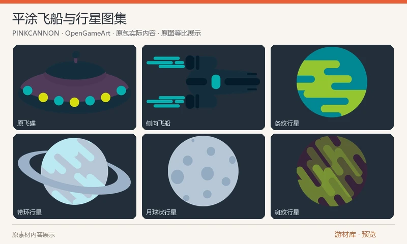 平涂飞船与行星图集：所选 v0.2 原包为太空扩展图集：飞碟、侧向飞船与多种行星，提供一张 8000×2153 透明 PNG 和一份 SVG。