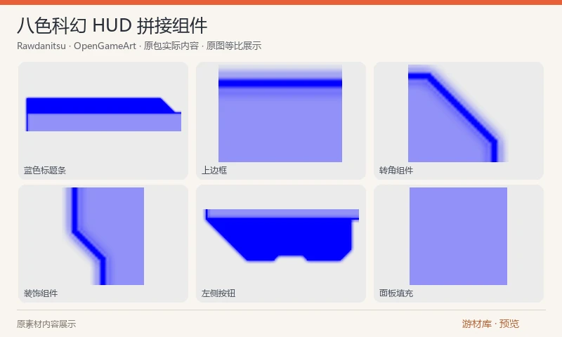 八色科幻 HUD 拼接组件：28 类边框、转角、标题条、左右按钮、填充及装饰组件，以八种颜色导出，共 224 张透明 PNG，另有一张原作者 JPG 示例和排序 INI。