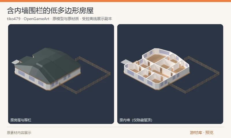 含内墙围栏的低多边形房屋：一个低多边形房屋 FBX，包含屋顶、内外墙、地板和围栏等网格，使用简单材质色。适合房屋场景原型；预览的内墙视图仅隐藏原屋顶。