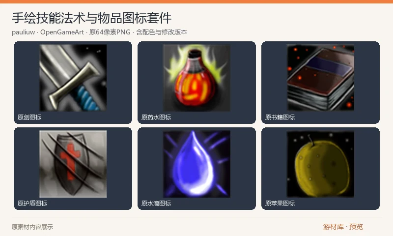 手绘技能法术与物品图标套件：数百张 64×64 手绘 RPG 图标 PNG，包含技能、武器、防具、书籍、药水、宝石与法术符号，含重绘、背景和配色版本。本 ZIP 仅含 PNG，不含另附 TIF 编辑源稿。